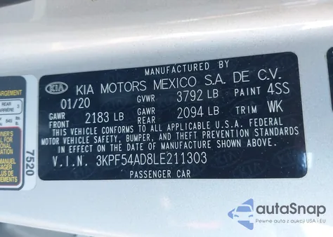 2020 Kia Forte Ex z USA, uszkodzony, nr VIN 3KPF54AD8LE211303